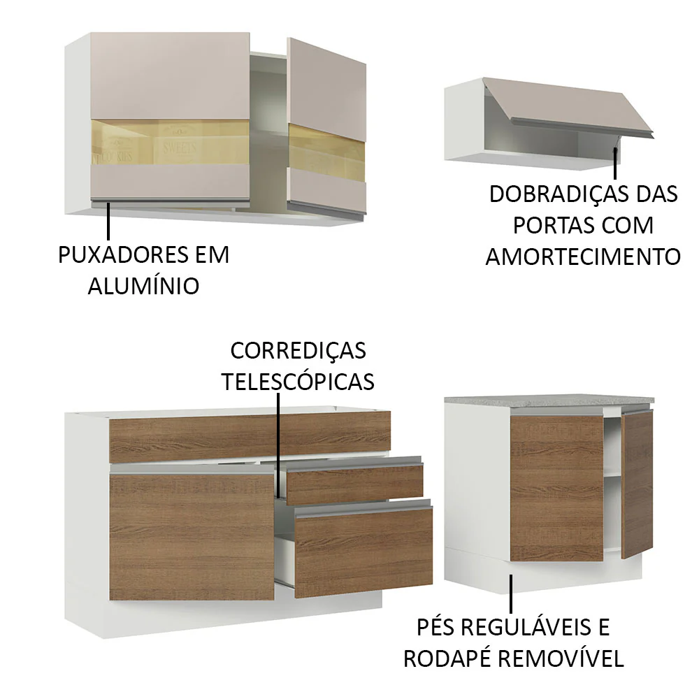Armário de Cozinha Compacta 200cm Branco/Rustic/Crema Glamy Madesa 07 - Image 4