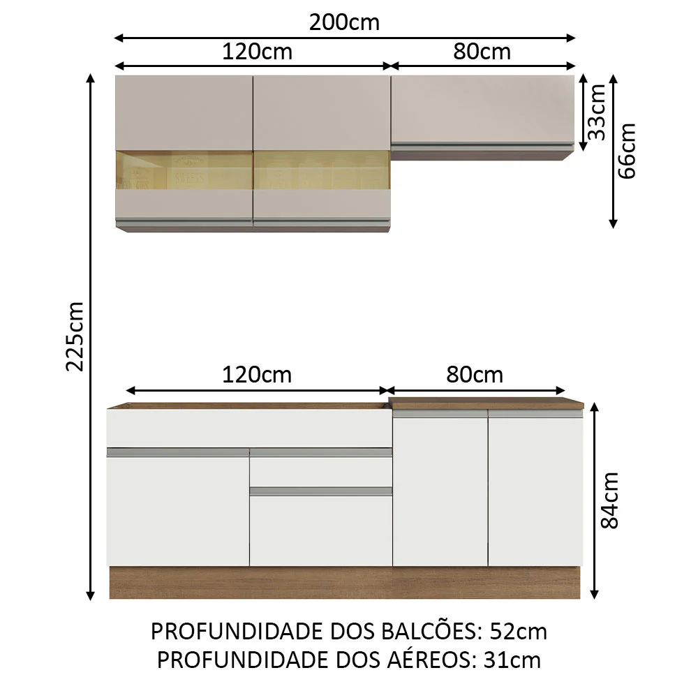 Armário de Cozinha Compacta 200cm Rustic/Branco/Crema Glamy Madesa 07 - Image 3