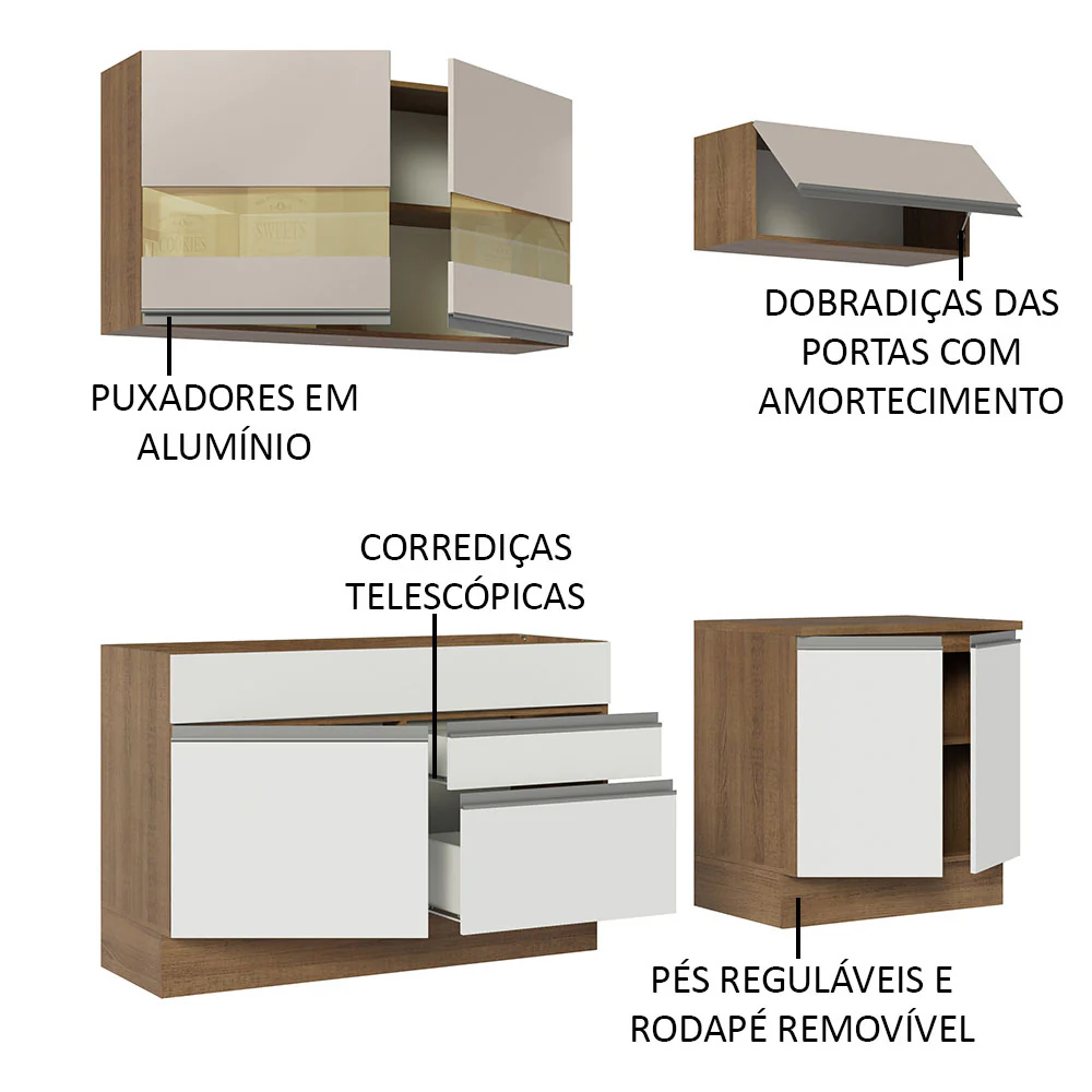 Armário de Cozinha Compacta 200cm Rustic/Branco/Crema Glamy Madesa 07 - Image 4