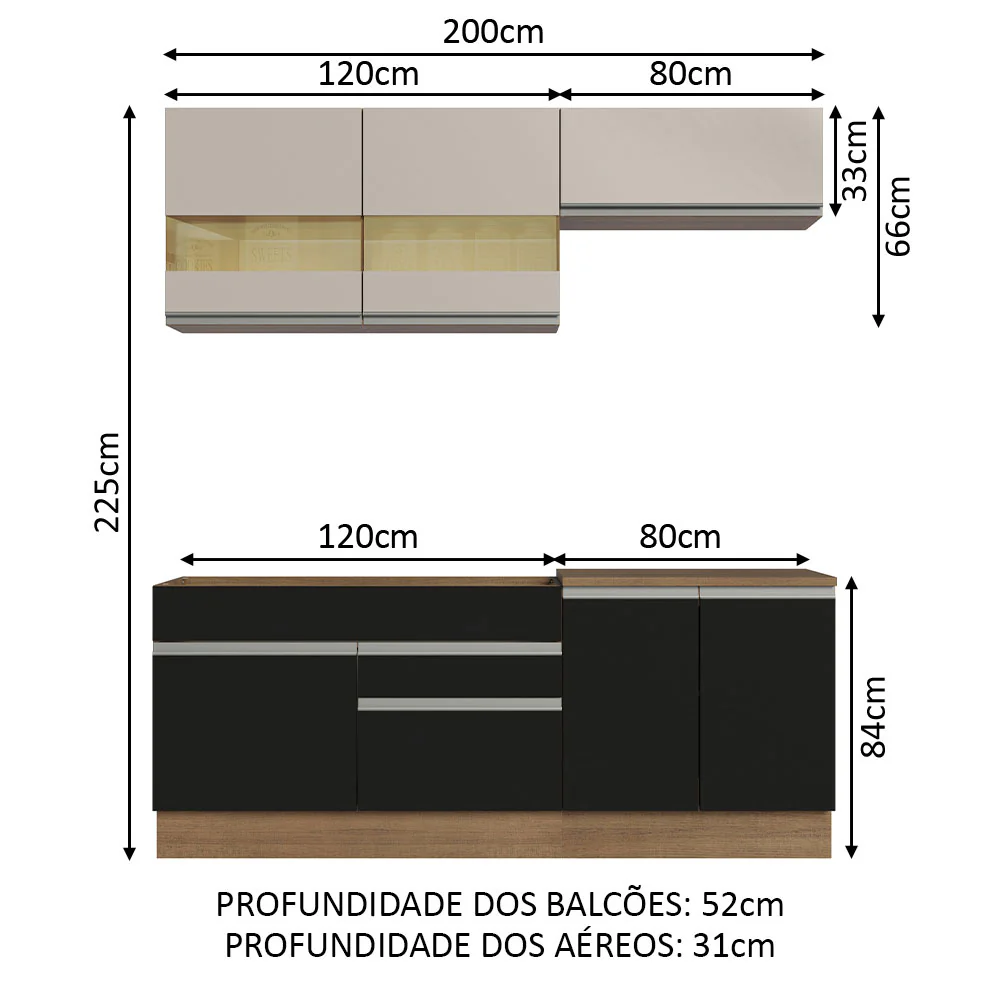 Armário de Cozinha Compacta 200cm Rustic/Preto/Crema Glamy Madesa 07 - Image 3