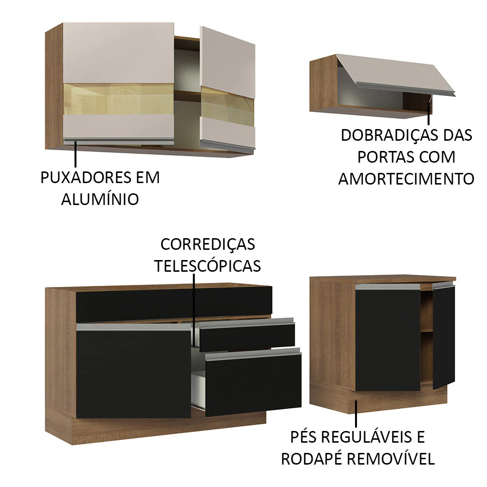 Armário de Cozinha Compacta 200cm Rustic/Preto/Crema Glamy Madesa 07 - Image 4