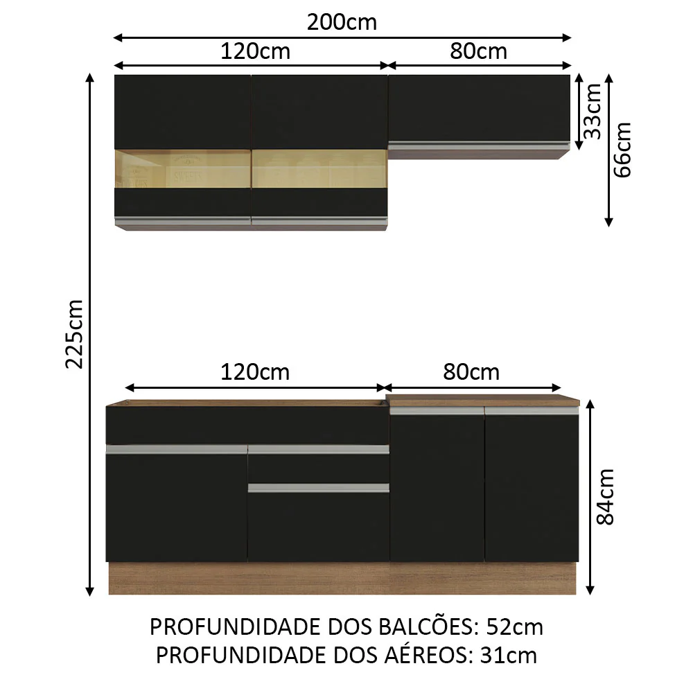 Armário de Cozinha Compacta 200cm Rustic/Preto Glamy Madesa 07 - Image 3