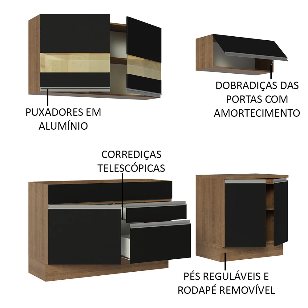 Armário de Cozinha Compacta 200cm Rustic/Preto Glamy Madesa 07 - Image 4