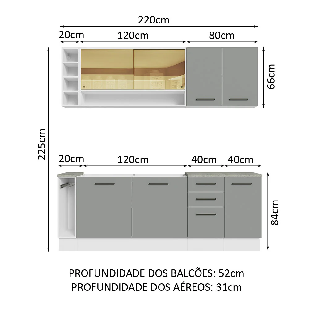 Armário de Cozinha Completa 220cm Branco/Cinza Agata da Thêmis Madesa - Image 3