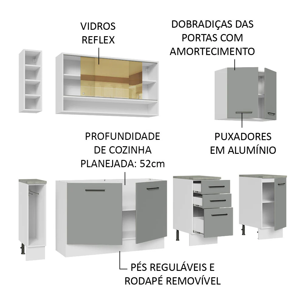 Armário de Cozinha Completa 220cm Branco/Cinza Agata da Thêmis Madesa - Image 4