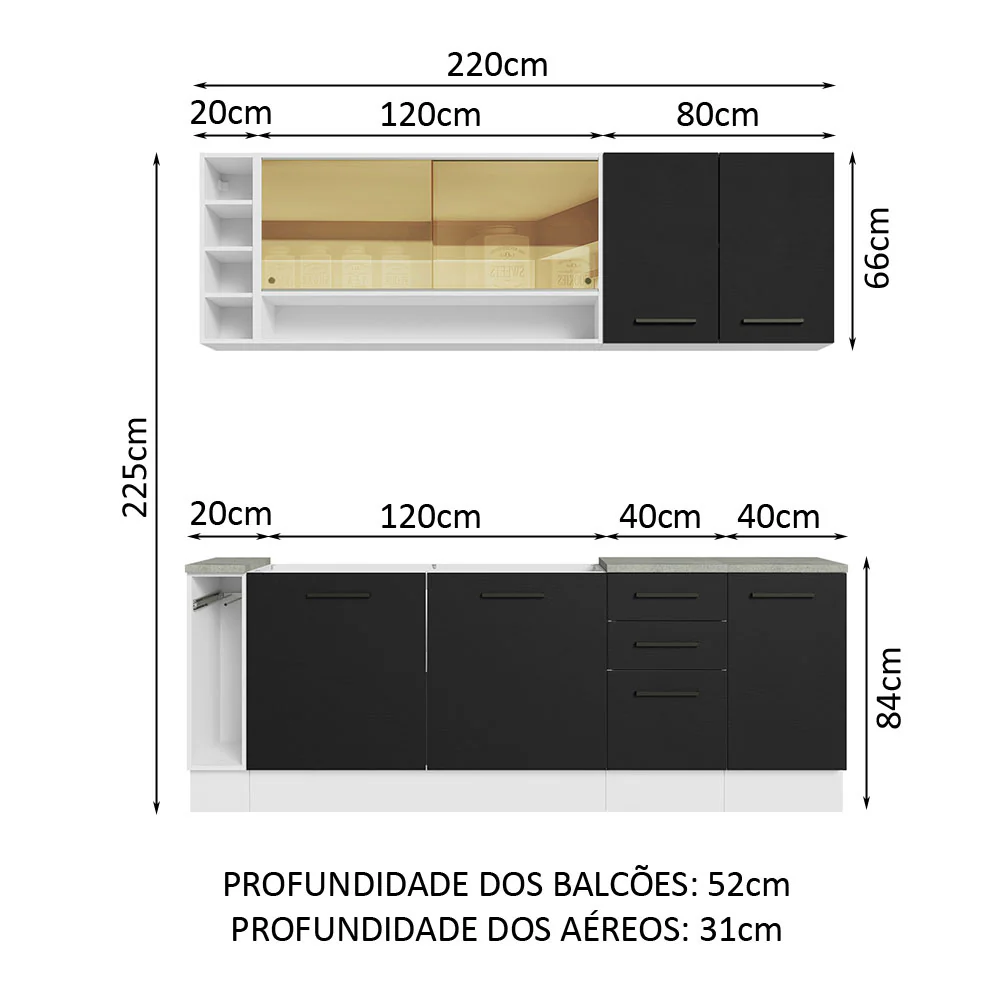 Armário de Cozinha Completa 220cm Branco/Preto Agata da Thêmis Madesa - Image 3