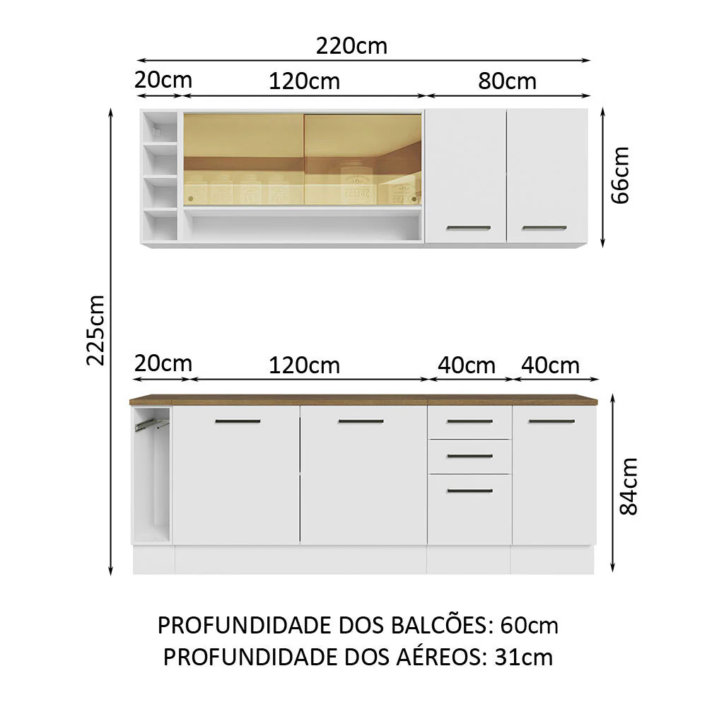 Armário de Cozinha Completa 220cm Branco/Rustic 60cm de Profundidade Agata Madesa 02 - Image 3
