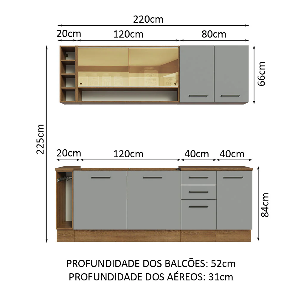 Armário de Cozinha Completa 220cm Rustic/Cinza Agata da Thêmis Madesa - Image 3