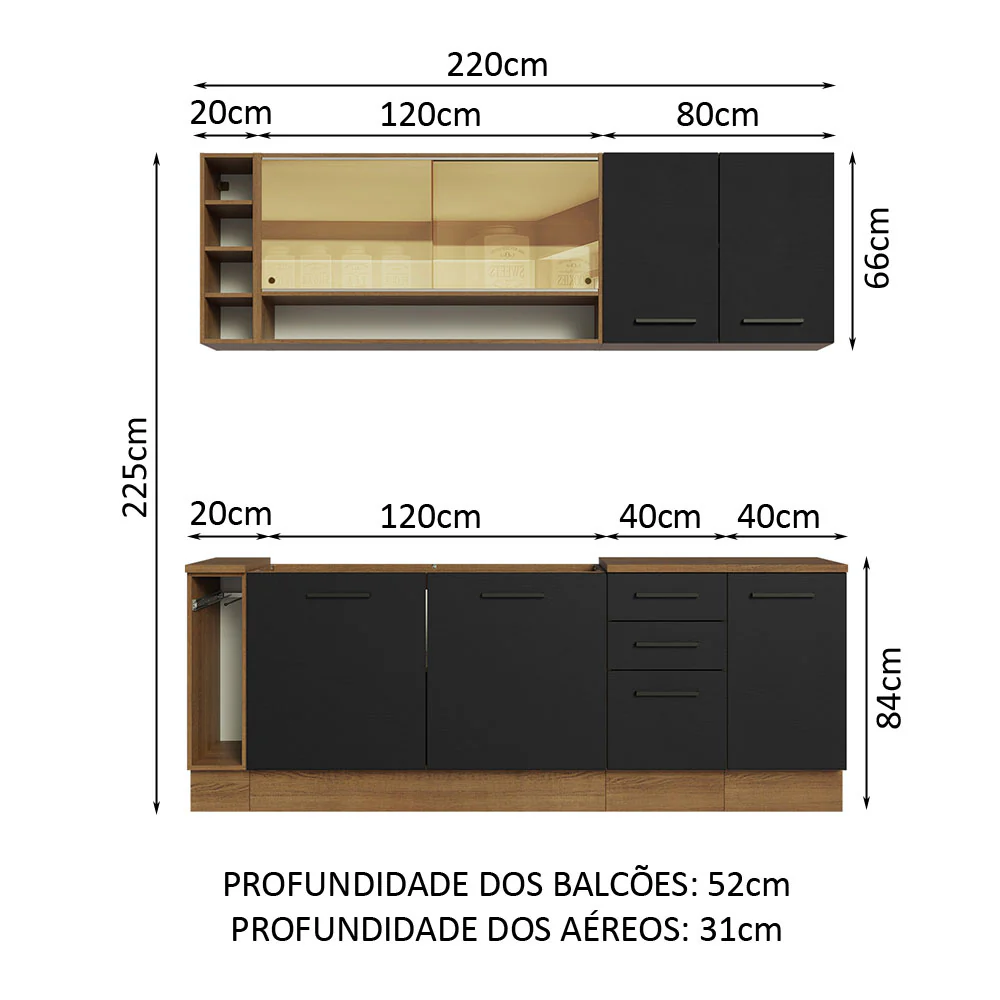 Armário de Cozinha Completa 220cm Rustic/Preto Agata da Thêmis Madesa - Image 3