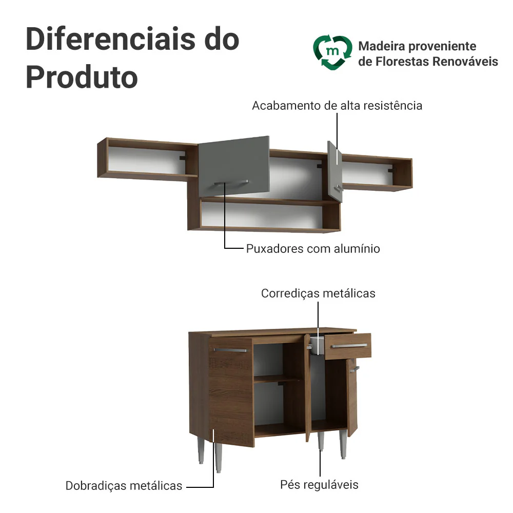 Armário de Cozinha Completa 225cm Rustic/Cinza Emilly Madesa 01 - Image 4