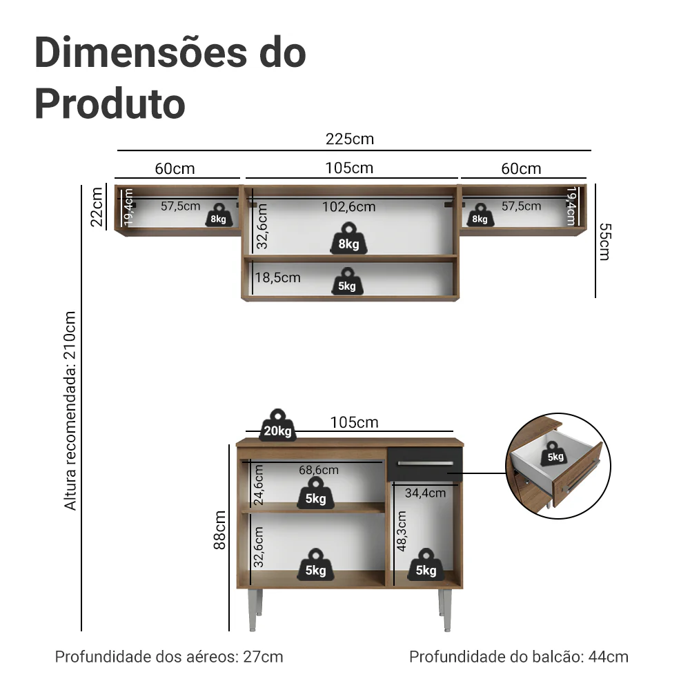 Armário de Cozinha Completa 225cm Rustic/Preto Emilly Madesa 01 - Image 3