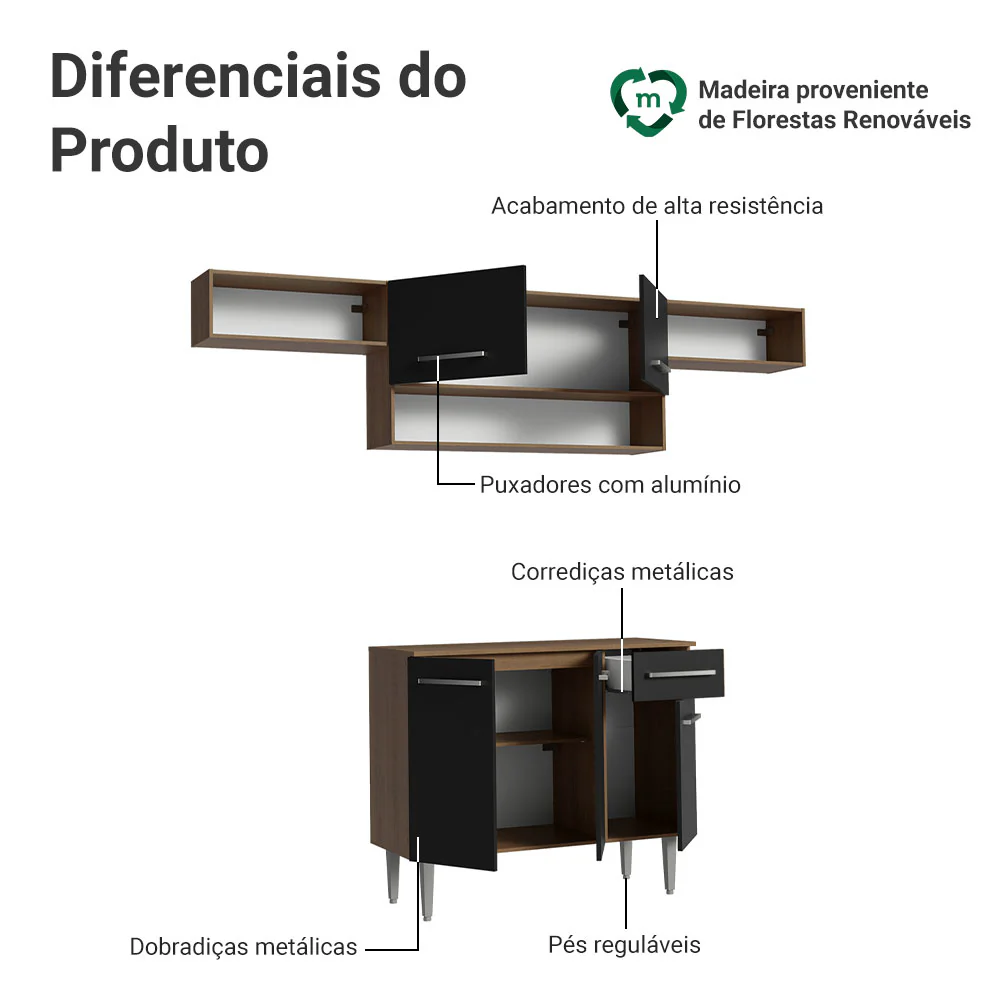 Armário de Cozinha Completa 225cm Rustic/Preto Emilly Madesa 01 - Image 4