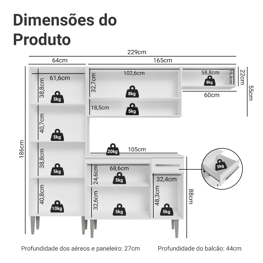 Armário de Cozinha Completa 229cm Branco Emilly Madesa 016 - Image 3