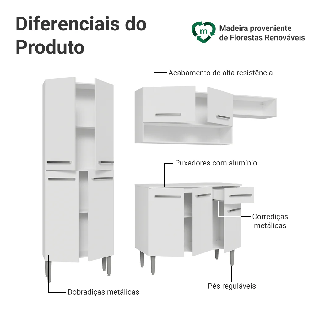 Armário de Cozinha Completa 229cm Branco Emilly Madesa 016 - Image 4