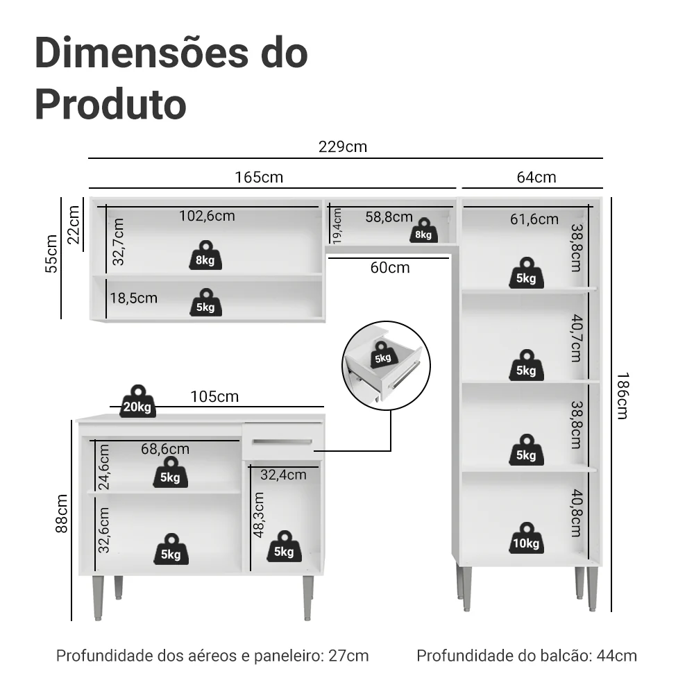 Armário de Cozinha Completa 229cm Branco Emilly Madesa 17 - Image 3