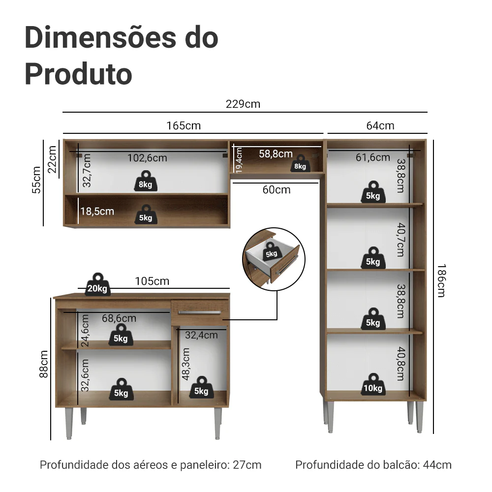 Armário de Cozinha Completa 229cm Rustic/Branco Emilly Madesa 017 - Image 3