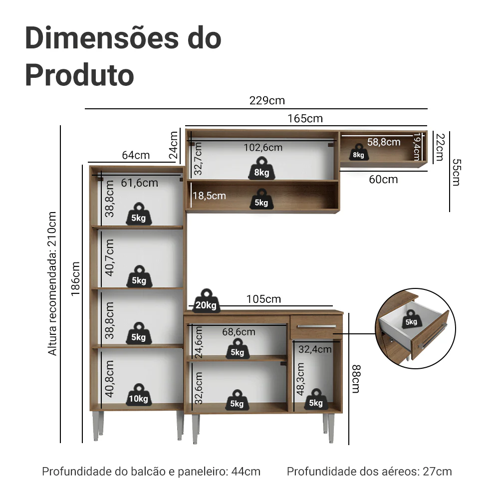 Armário de Cozinha Completa 229cm Rustic/Branco Emilly Madesa 18 - Image 3