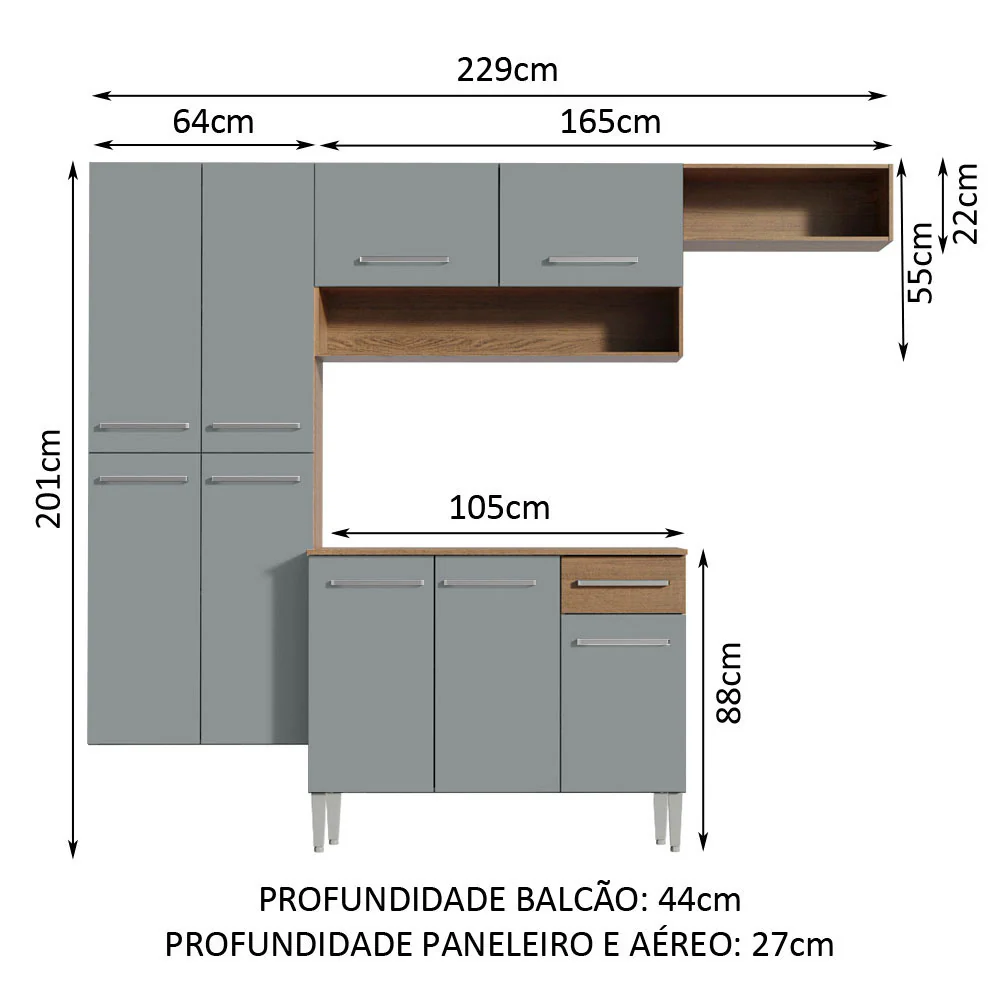Armário de Cozinha Completa 229cm Rustic/Cinza Emilly Fit Madesa - Image 3