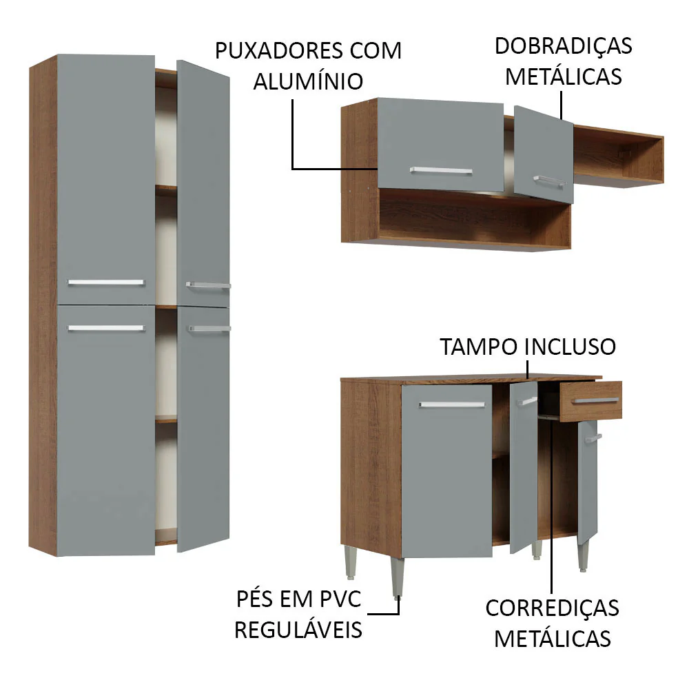 Armário de Cozinha Completa 229cm Rustic/Cinza Emilly Fit Madesa - Image 4