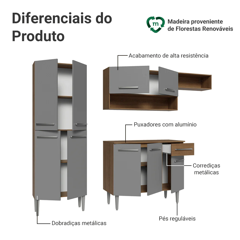 Armário de Cozinha Completa 229cm Rustic/Cinza Emilly Madesa 016 - Image 4