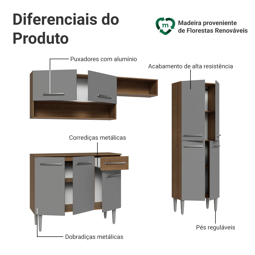 Armário de Cozinha Completa 229cm Rustic/Cinza Emilly Madesa 017 - Image 4
