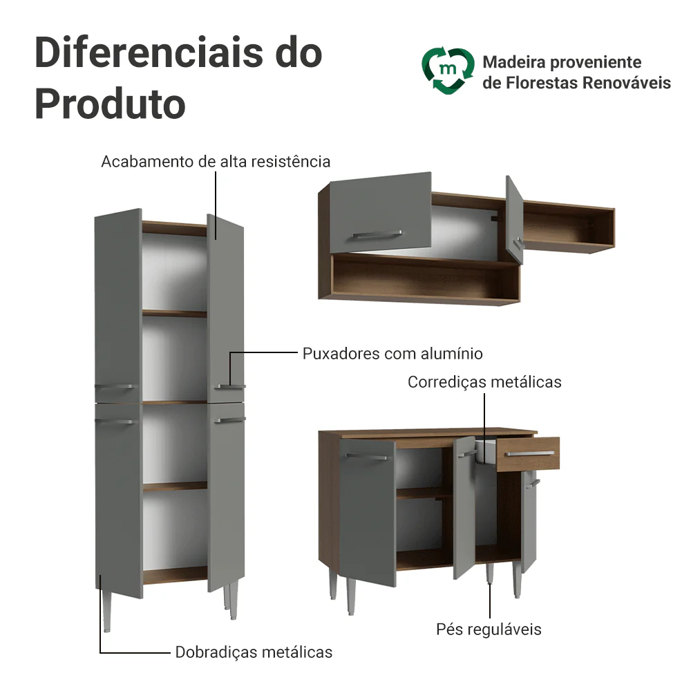 Armário de Cozinha Completa 229cm Rustic/Cinza Emilly Madesa 18 - Image 4
