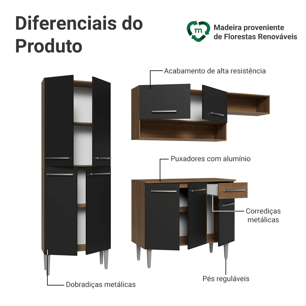 Armário de Cozinha Completa 229cm Rustic/Preto Emilly Madesa 016 - Image 4