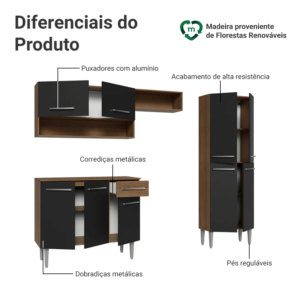 Armário de Cozinha Completa 229cm Rustic/Preto Emilly Madesa 02 XT - Image 4