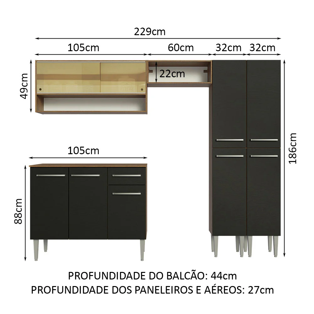 Armário de Cozinha Completa 229cm Rustic/Preto Emilly Madesa 04 - Image 3