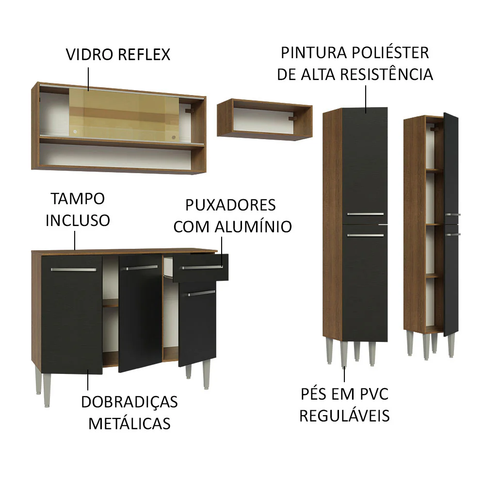 Armário de Cozinha Completa 229cm Rustic/Preto Emilly Madesa 04 - Image 4