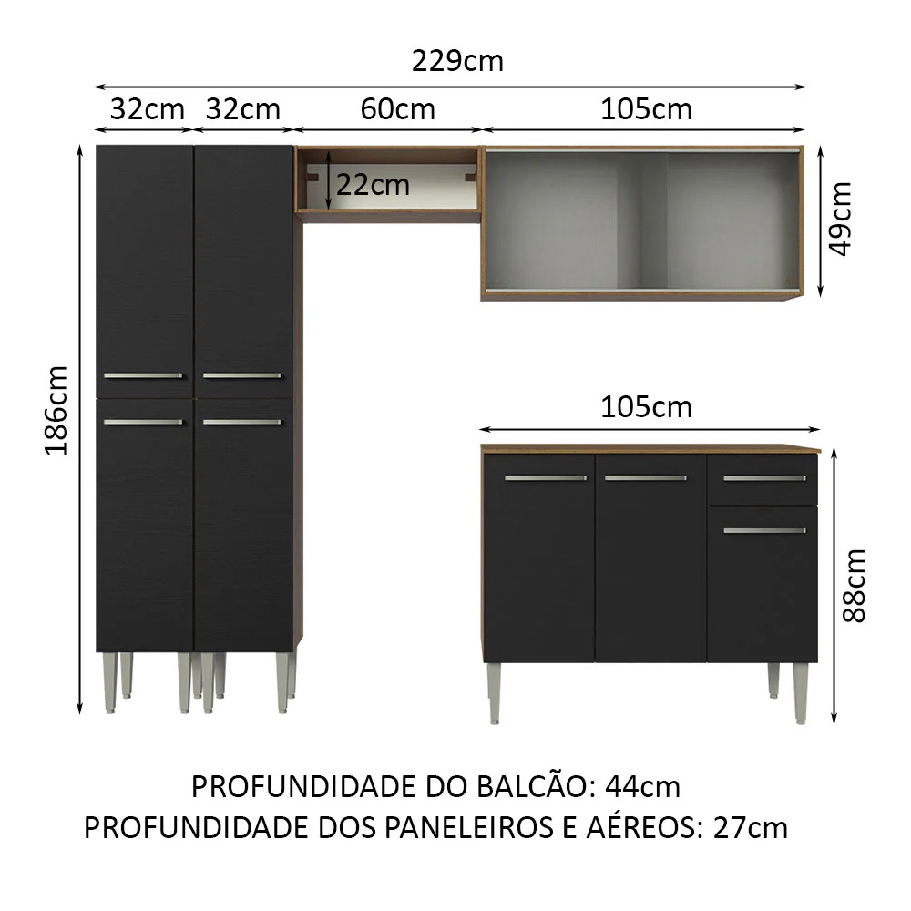 Armário de Cozinha Completa 229cm Rustic/Preto Emilly Madesa 05 - Image 3
