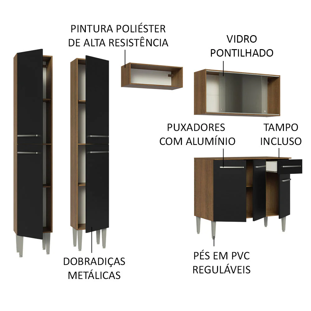 Armário de Cozinha Completa 229cm Rustic/Preto Emilly Madesa 05 - Image 4