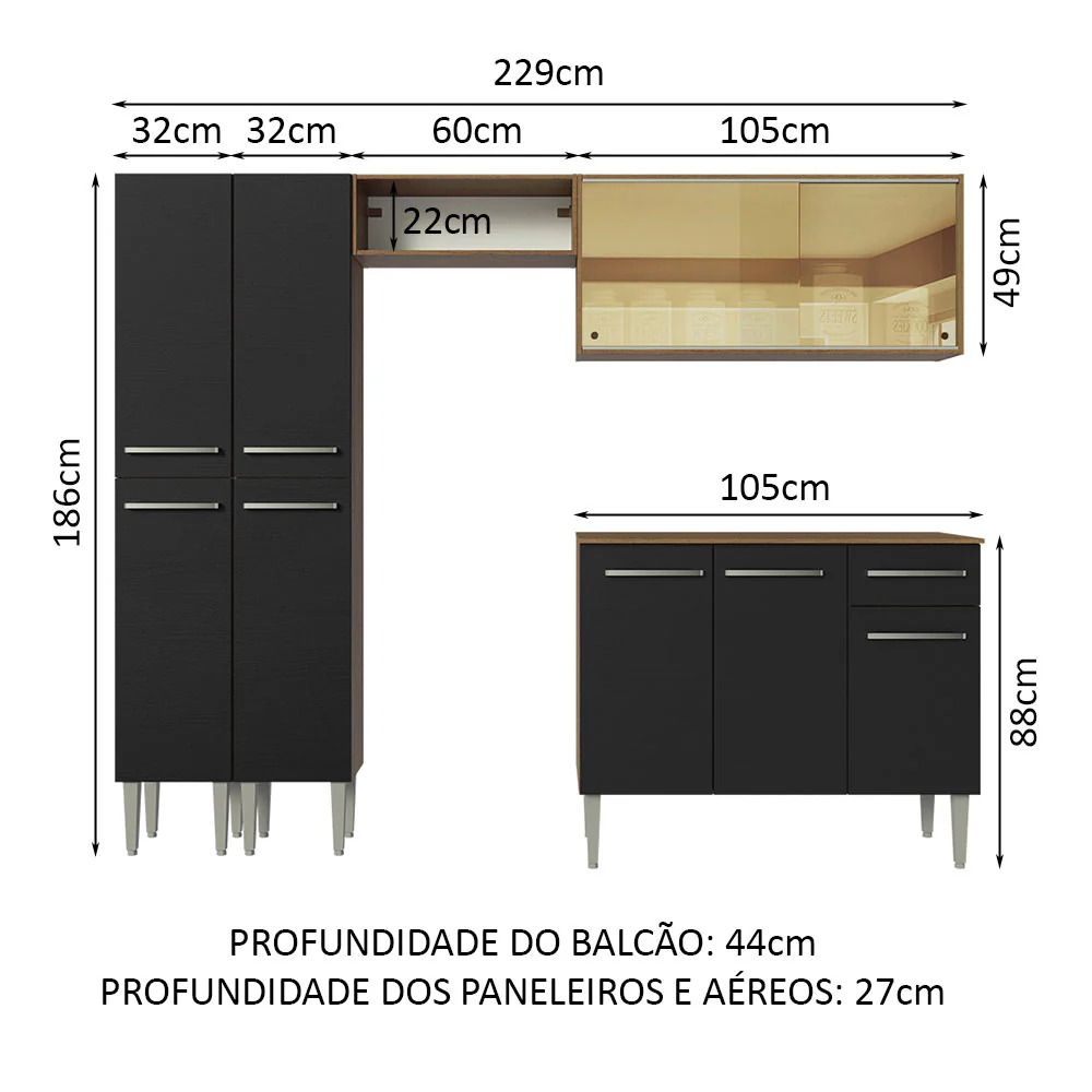 Armário de Cozinha Completa 229cm Rustic/Preto Emilly Madesa 06 - Image 3