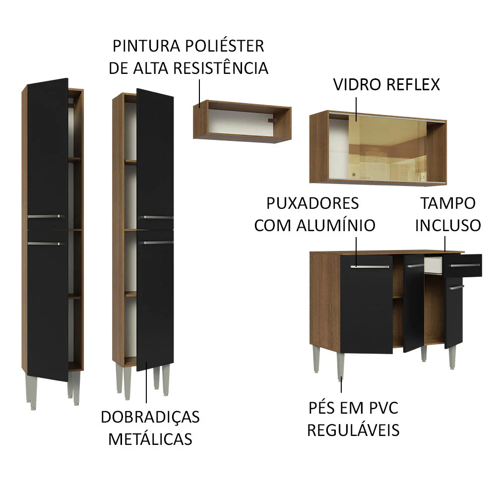 Armário de Cozinha Completa 229cm Rustic/Preto Emilly Madesa 06 - Image 4