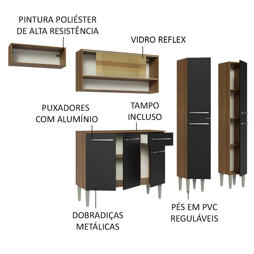 Armário de Cozinha Completa 229cm Rustic/Preto Emilly Madesa 07 - Image 4