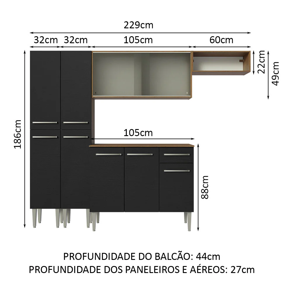 Armário de Cozinha Completa 229cm Rustic/Preto Emilly Madesa 08 - Image 3