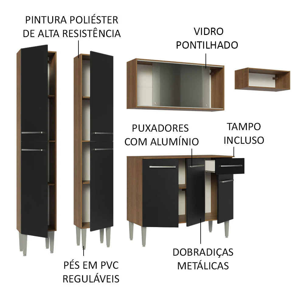 Armário de Cozinha Completa 229cm Rustic/Preto Emilly Madesa 08 - Image 4