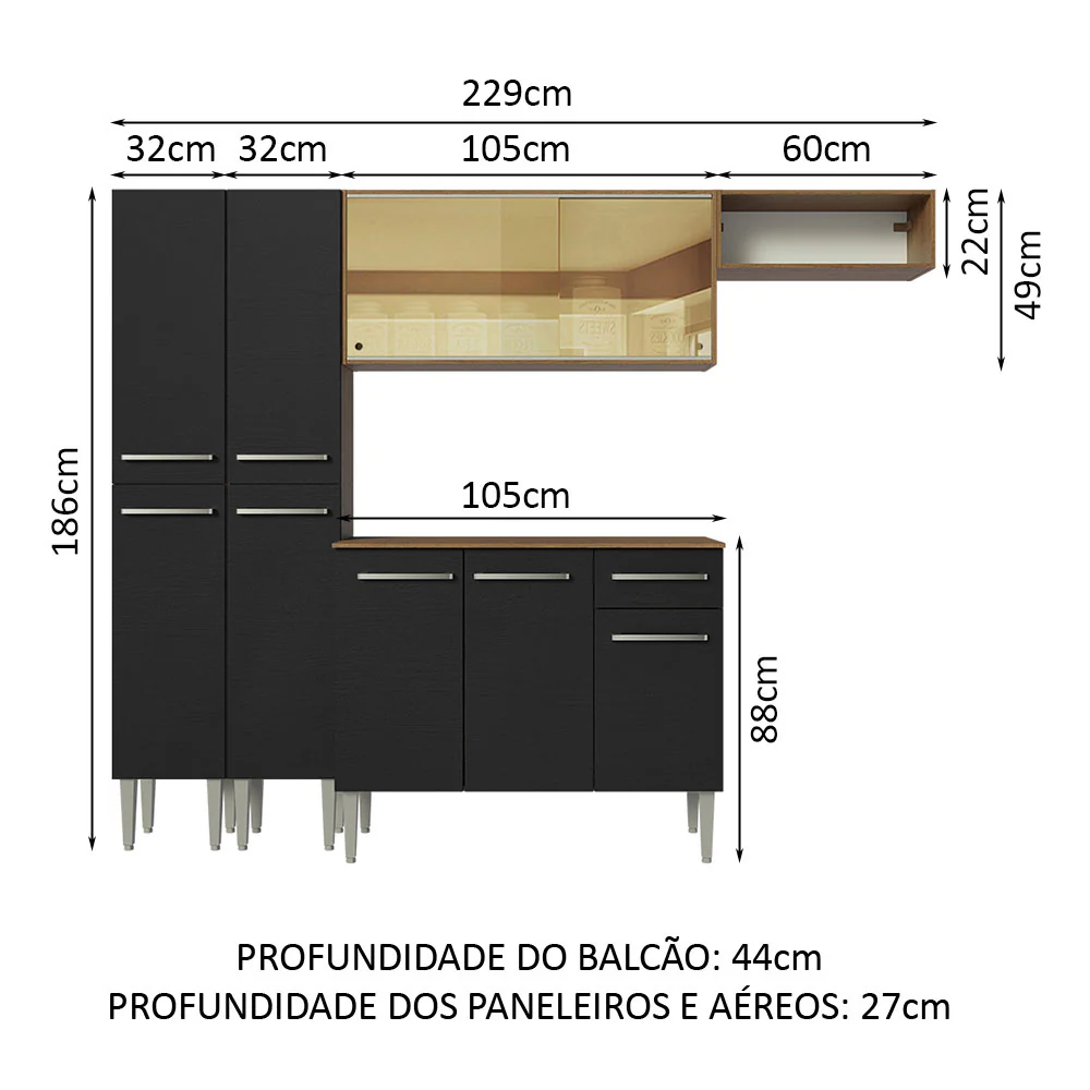 Armário de Cozinha Completa 229cm Rustic/Preto Emilly Madesa 09 - Image 3