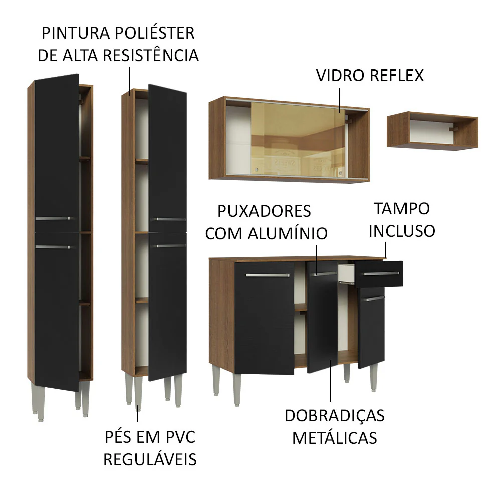 Armário de Cozinha Completa 229cm Rustic/Preto Emilly Madesa 09 - Image 4