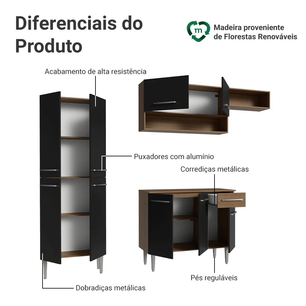 Armário de Cozinha Completa 229cm Rustic/Preto Emilly Madesa 18 - Image 4