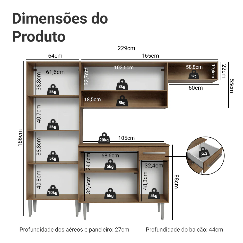 Armário de Cozinha Completa 229cm Rustic/Preto Emilly Madesa XT - Image 3