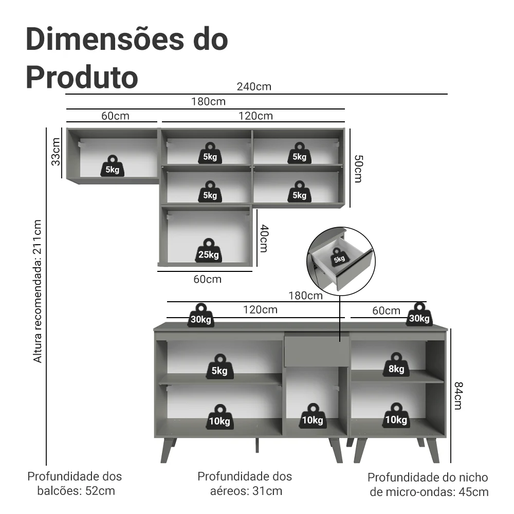 Armário de Cozinha Completa 240 cm Cinza Nice Madesa 06 - Image 3