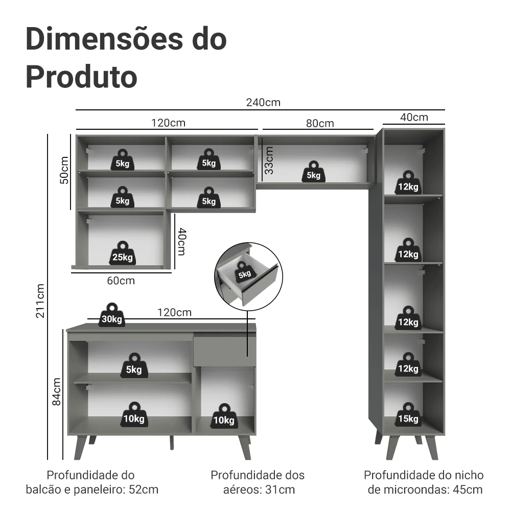 Armário de Cozinha Completa 240 cm Cinza Nice Madesa 08 - Image 3