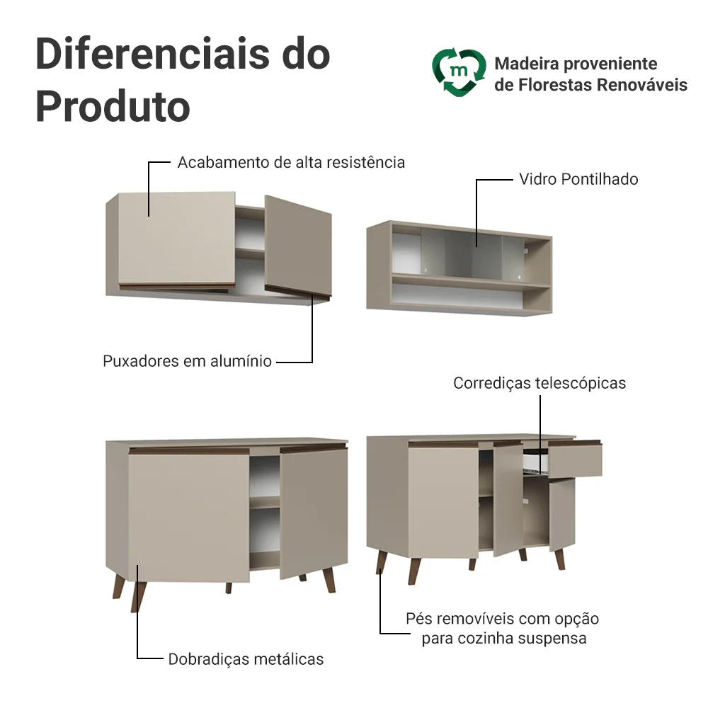 Armário de Cozinha Completa 240 cm Crema Nice Madesa 02 - Image 4