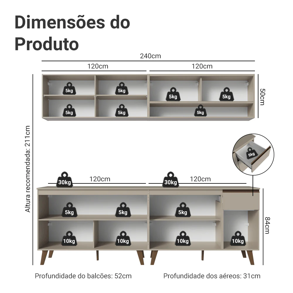 Armário de Cozinha Completa 240 cm Crema Nice Madesa 03 - Image 3
