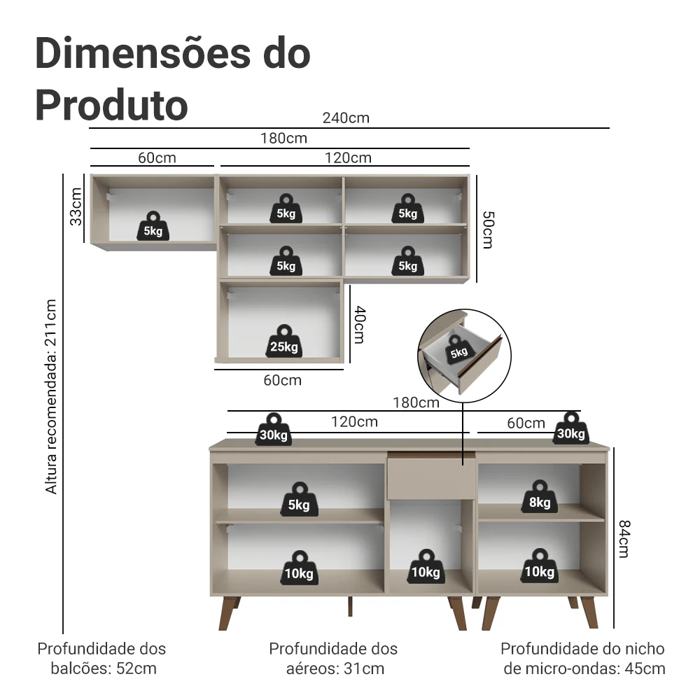 Armário de Cozinha Completa 240 cm Crema Nice Madesa 06 - Image 3