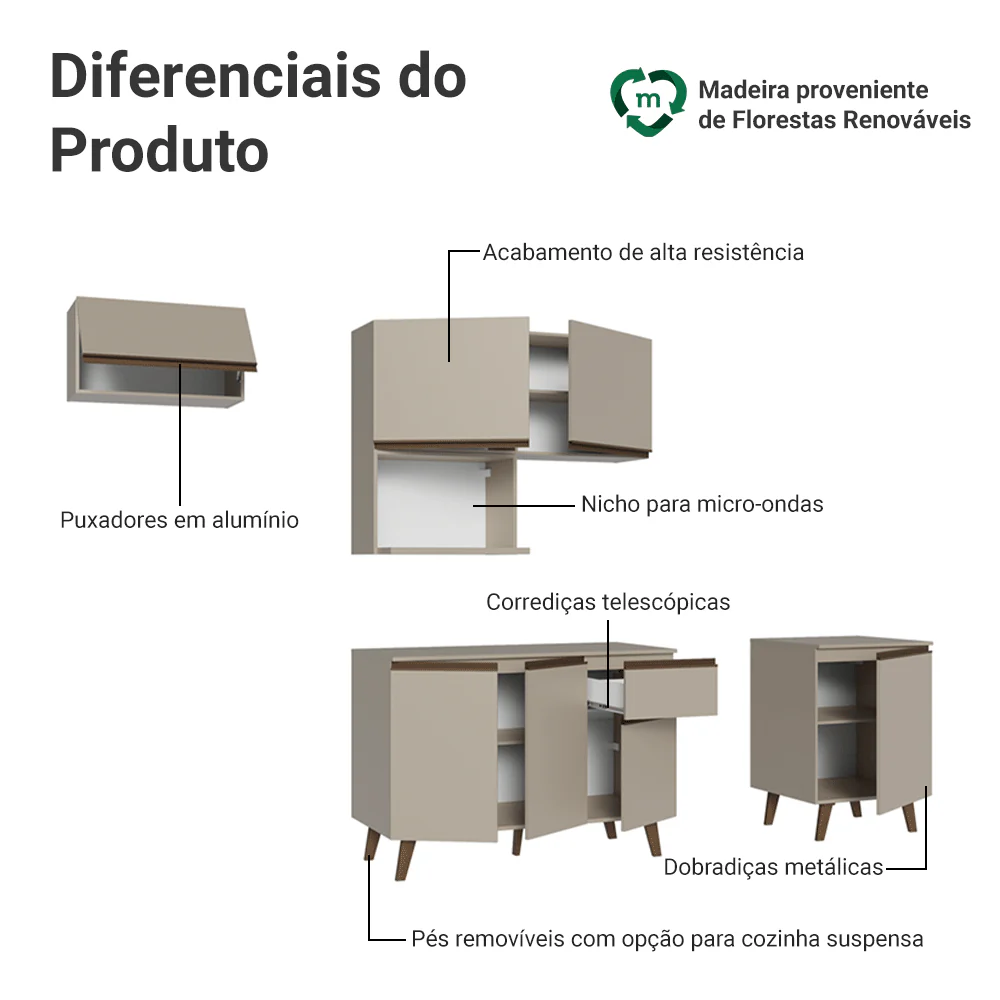 Armário de Cozinha Completa 240 cm Crema Nice Madesa 06 - Image 4