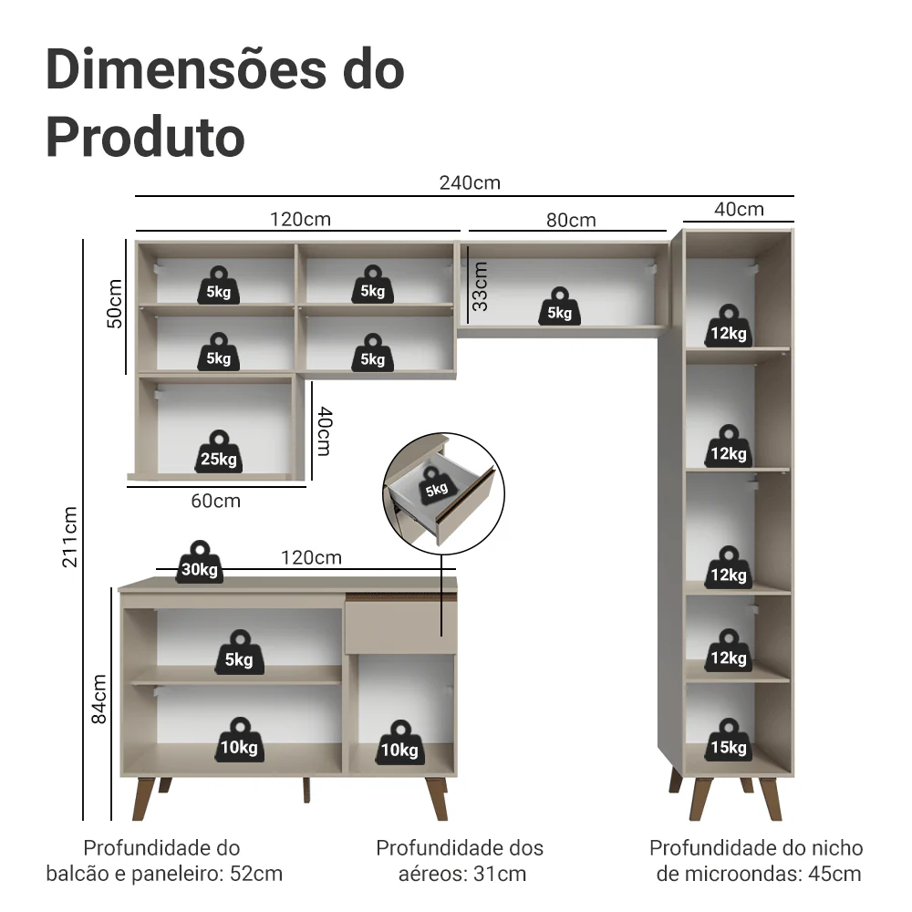 Armário de Cozinha Completa 240 cm Crema Nice Madesa 08 - Image 3