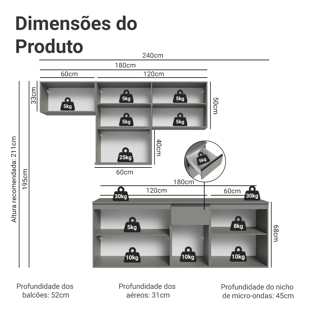 Armário de Cozinha Completa 240 cm Suspensa Cinza Nice Madesa 07 - Image 3