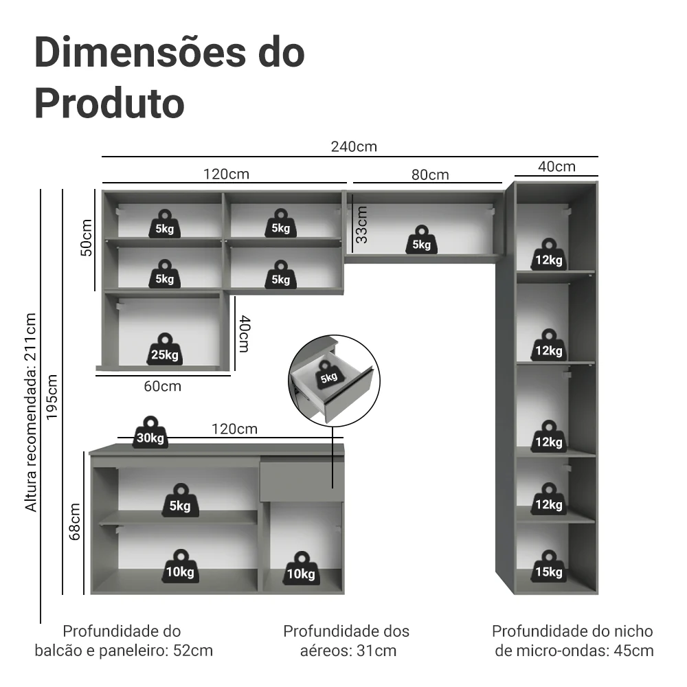 Armário de Cozinha Completa 240 cm Suspensa Cinza Nice Madesa 09 - Image 3
